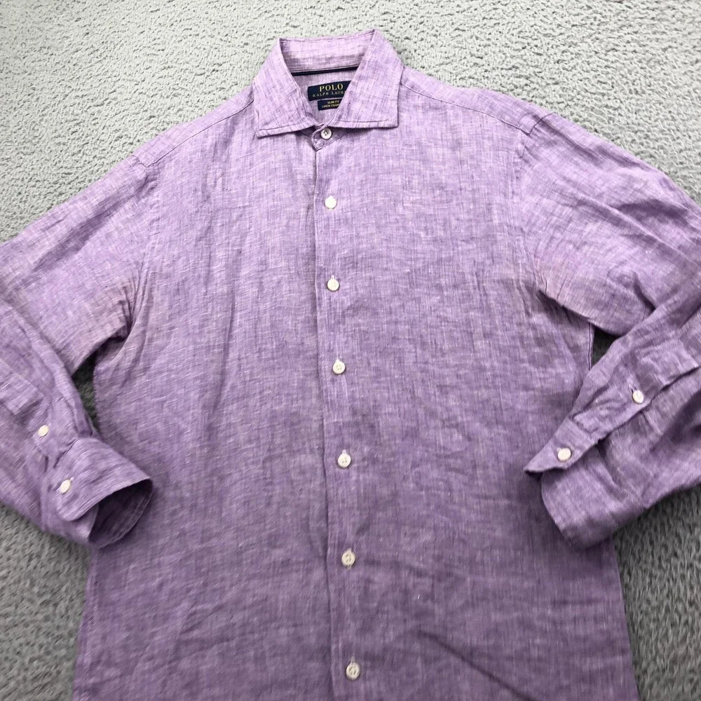 Polo Ralph Lauren Shirt Mens Small Purple Linen Long Sleeve Button Up Slim Fit
